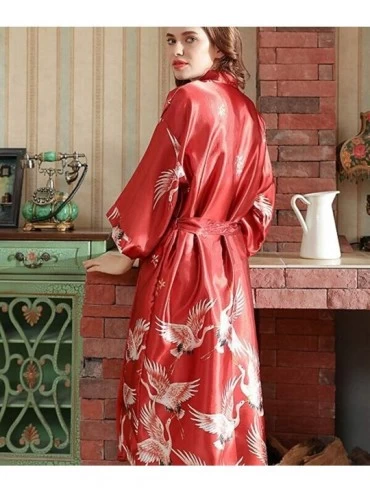 Robes Women's Robe Long Kimono Bathrobe 3/4 Sleeve V-Neck Nightgown - Red - CC199U2EAG3 $37.36