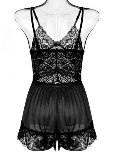 Garters & Garter Belts New Women Silk Lace Top Camisole Bow Shorts Pajamas Lingerie Sleepwear Set S-3XL - Black - CQ190TLR5WA...