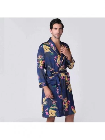 Robes New Men's Homewear Printing Simulation Silk Pajamas Long-Sleeved Floral Kimono Cardigan Pockets Nightgown - Navy - CJ19...