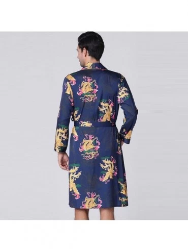 Robes New Men's Homewear Printing Simulation Silk Pajamas Long-Sleeved Floral Kimono Cardigan Pockets Nightgown - Navy - CJ19...
