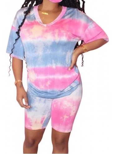 Sets 2 Piece Shorts Set for Women- Tie Dye Lounge Sets Short Sleeve Top and Shorts Tracksuit Outfits - 1-blue&pink - CX1903LD...