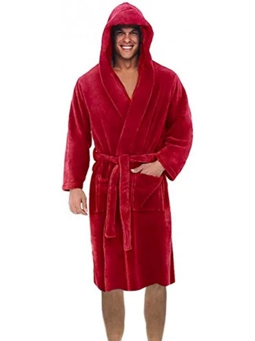 Thermal Underwear Men's Hooded Fleece Plush Soft Shu Velveteen Robe Full Length Long Bathrobe - Red - CV193M3N5IH $23.42