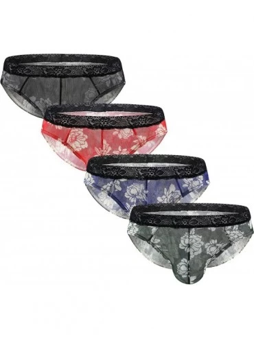Boxer Briefs Men's Printed Flower Briefs- Low Rise Pouch Bikini Underwear Sexy Lace Waistband Briefs - Black/Green/Navy/Red -...