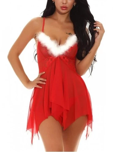 Baby Dolls & Chemises Christmas Dress Women Sexy Santa Lingerie Lace Trim Babydoll Red Chemise - 4-red - CX18YOYX8ND $17.64