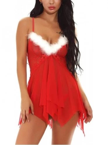 Baby Dolls & Chemises Christmas Dress Women Sexy Santa Lingerie Lace Trim Babydoll Red Chemise - 4-red - CX18YOYX8ND $17.64