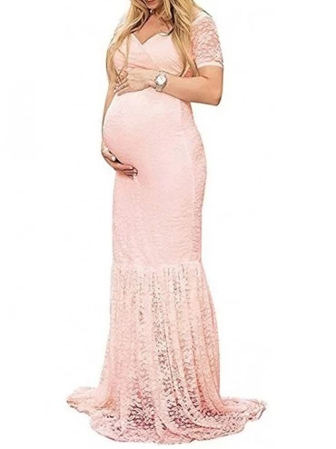 Nightgowns & Sleepshirts Womens Off Shoulder Short Sleeve V Neck Lace Maternity Gown Maxi Photography Dress - Pink - CA18HTRX...