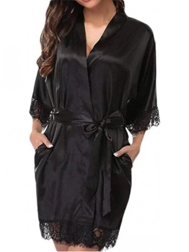 Robes Women's Lace-Trim Kimono Style Short Satin Robe Sleepwear with 3/4 Sleeves - 3 - CJ198OX2NQA $16.32