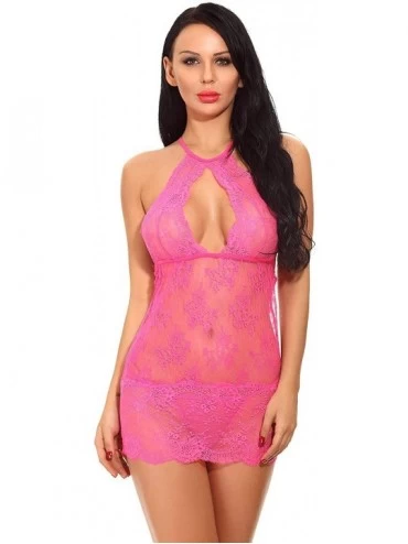Baby Dolls & Chemises Women Sexy Lingerie Babydoll Lace Nightgown Mesh Chemise Boudoir Nighty Chemise Halter Negligee - Pink ...