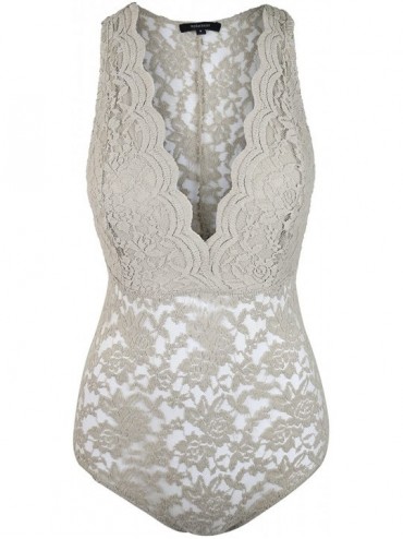 Shapewear Women's Floral Lace Low V-Neck Sleeveless Bodysuit w/Snap Buttons - [Yob0018]desert - CG180W8KAG9 $20.09