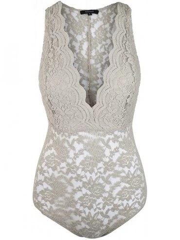 Shapewear Women's Floral Lace Low V-Neck Sleeveless Bodysuit w/Snap Buttons - [Yob0018]desert - CG180W8KAG9 $31.56