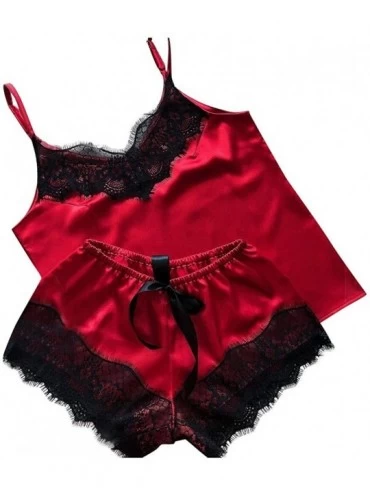Robes Satin Silk Pajamas Bow Nightdress Lingerie Women Underwear Sleepwear Satin - Red - CT19529A8R9 $18.32