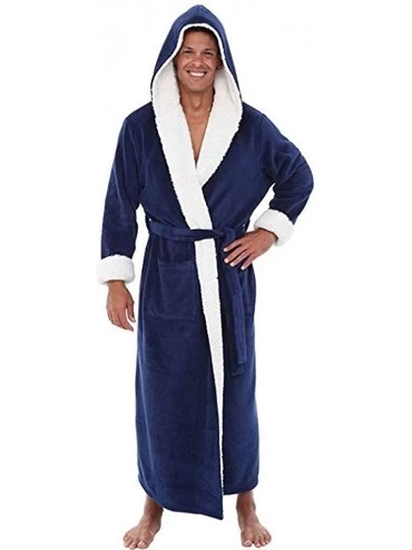Robes Men's Plush Fleece Bathrobe Lengthened Shawl Hooded Robe Big and Tall Bathrobe Coat - Blue - CW18ALQZOLI $45.60