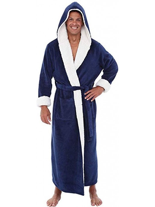 Robes Men's Plush Fleece Bathrobe Lengthened Shawl Hooded Robe Big and Tall Bathrobe Coat - Blue - CW18ALQZOLI $53.72