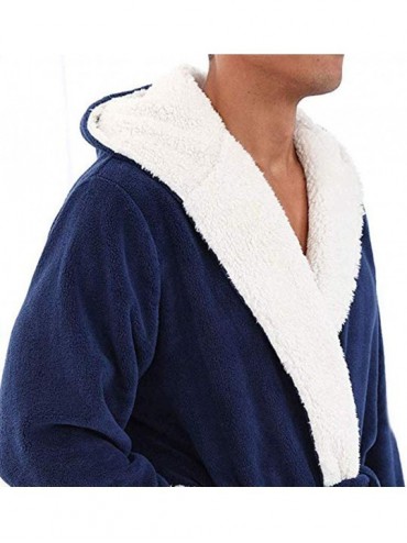 Robes Men's Plush Fleece Bathrobe Lengthened Shawl Hooded Robe Big and Tall Bathrobe Coat - Blue - CW18ALQZOLI $53.72