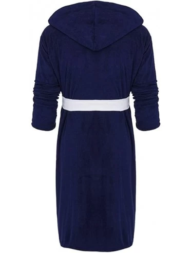 Robes Men's Plush Fleece Bathrobe Lengthened Shawl Hooded Robe Big and Tall Bathrobe Coat - Blue - CW18ALQZOLI $23.11