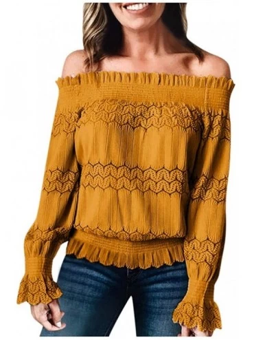 Slips Womens Tops Solid Color Lace Off Shoulder Long Sleeve Casual T-Shirt Blouse Shirt Tunic Tops for Women - Yellow - CG193...