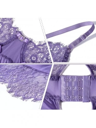 Baby Dolls & Chemises Women's Lingerie Eyelash Lace Underwire Lift Racerback Plus Size Babydoll Chemise - Purple - CG18N789MT...
