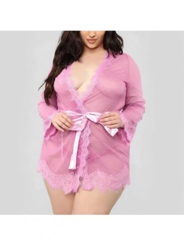 Bustiers & Corsets Women V-Neck Lace Sexy Lingerie Underwear Bathrobe Mesh Robe with Thong + Belt - Pink - CK18YYUKU6E $14.46