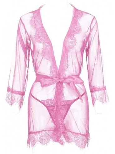 Bustiers & Corsets Women V-Neck Lace Sexy Lingerie Underwear Bathrobe Mesh Robe with Thong + Belt - Pink - CK18YYUKU6E $14.46