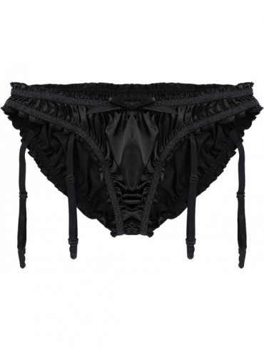 Briefs Men's Shiny Stain Ruffled Sissy Pouch Panties Bikini Briefs Underwear with Garters Stockings - Black - CA18ELCZAX4 $35.18