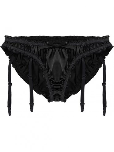Briefs Men's Shiny Stain Ruffled Sissy Pouch Panties Bikini Briefs Underwear with Garters Stockings - Black - CA18ELCZAX4 $33.01
