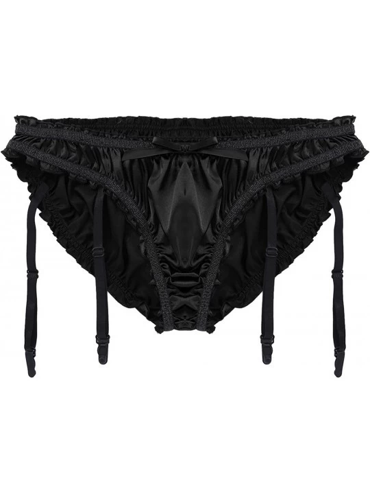Briefs Men's Shiny Stain Ruffled Sissy Pouch Panties Bikini Briefs Underwear with Garters Stockings - Black - CA18ELCZAX4 $15.63