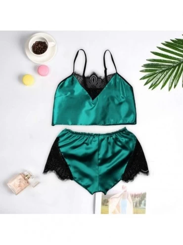 Sets Women's Camisole Lace Splicing Pajamas Summer Casual Solid Sleeveless Taste Suit - K Green - CF196SGCWLY $12.93