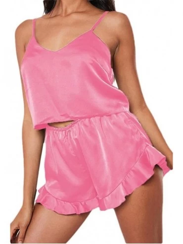 Sets Womens Sleepwear Spaghetti Strap V-Neck Top and Shorts 2-Piece Pajamas Set - Pink - CY190OECCQT $41.80