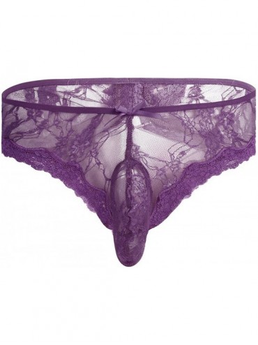Briefs Men Sexy Lingerie Bulge Pouch Sissy Panties Flower Lace Open Butt Bikini Briefs Underwear - Purple - CO18CEGUKXA $31.74