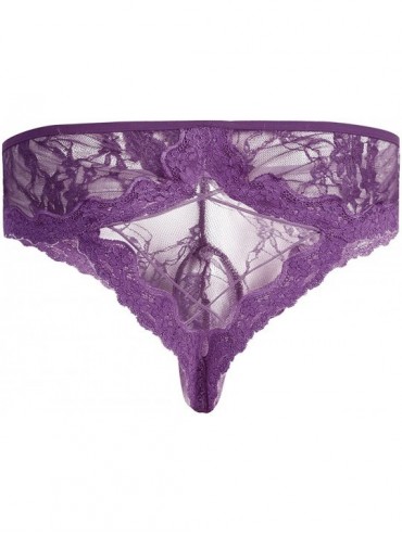 Briefs Men Sexy Lingerie Bulge Pouch Sissy Panties Flower Lace Open Butt Bikini Briefs Underwear - Purple - CO18CEGUKXA $31.35