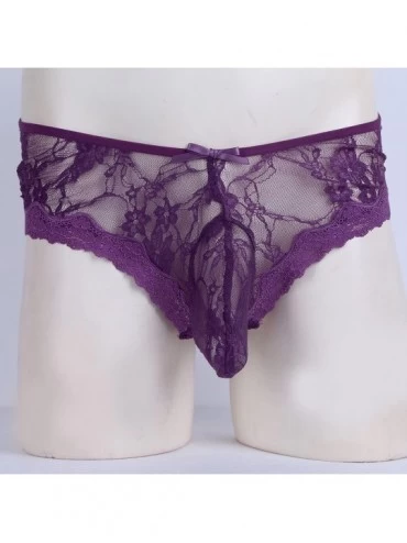 Briefs Men Sexy Lingerie Bulge Pouch Sissy Panties Flower Lace Open Butt Bikini Briefs Underwear - Purple - CO18CEGUKXA $15.87