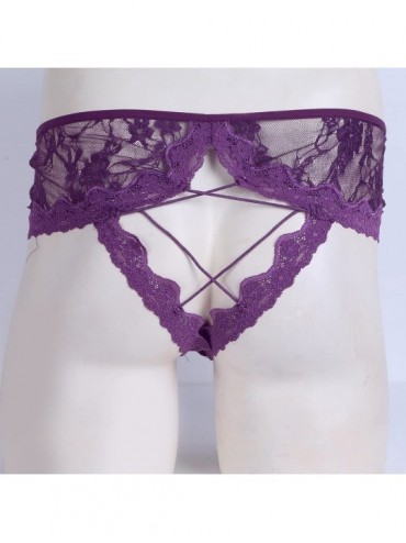 Briefs Men Sexy Lingerie Bulge Pouch Sissy Panties Flower Lace Open Butt Bikini Briefs Underwear - Purple - CO18CEGUKXA $31.35