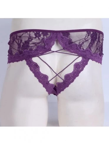 Briefs Men Sexy Lingerie Bulge Pouch Sissy Panties Flower Lace Open Butt Bikini Briefs Underwear - Purple - CO18CEGUKXA $15.87