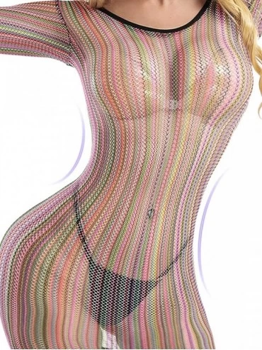 Baby Dolls & Chemises Women's Mesh Lingerie Fishnet Babydoll Mini Dress Free Size Bodysuit - Rainbow - C31859DE77M $12.97