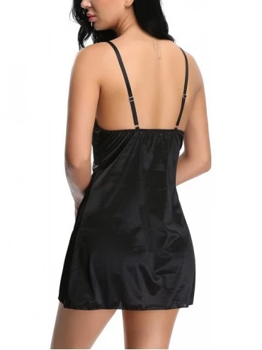 Baby Dolls & Chemises Women Sexy Lingerie Sleepwear V Neck Satin Lace Chemise Nightgown - Black - CF185UTTS5K $15.24