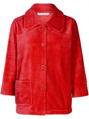 Robes Ladies 3/4 Sleeve Luxury Soft 260GSM Fleece Button Up Bed Jacket - Red - CJ18IQ9SDX9 $80.79