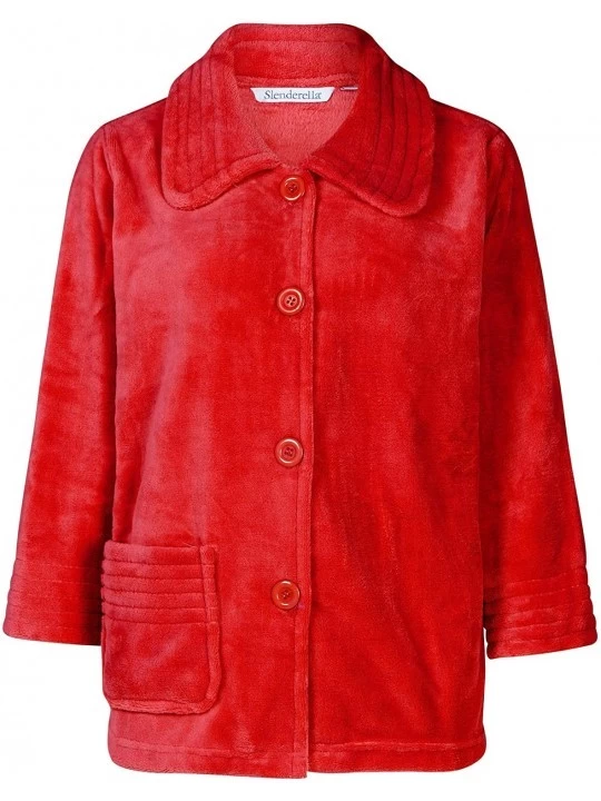 Robes Ladies 3/4 Sleeve Luxury Soft 260GSM Fleece Button Up Bed Jacket - Red - CJ18IQ9SDX9 $32.32
