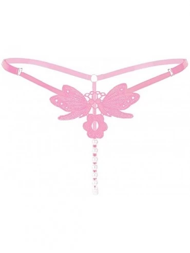 Panties Women Adjustable Butterfly Embroidery Low Waist Pearls Lingeries Thongs G Strings T Back Penties - Pink - CY186WRHX92...