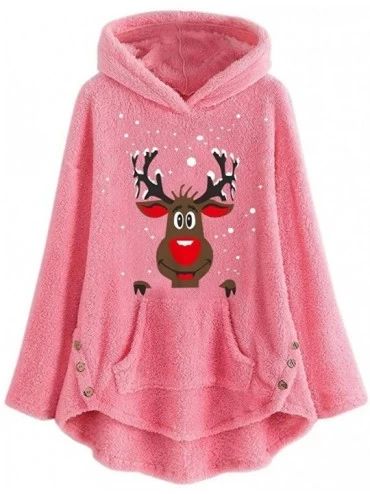 Bras Womens Fuzzy Fleece Hooded Sweatshirt Christmas Elk Print Plus Size Warm Hoodie Button Blouse Top - Pink - CN192I0ESYU $...