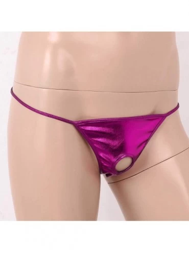 G-Strings & Thongs Men's Shiny Metallic Low Rise Hole Bulge Pouch Thong Bikini Briefs G-String Underwear - Rose - CZ198SKE485...