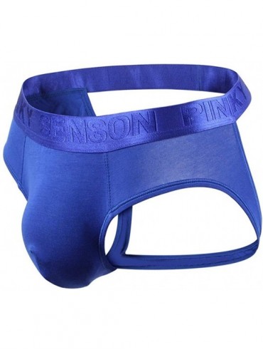 Boxers Men Underwear- Printing Waistband Breathable Sexy Hips Double Thong Cotton Sport Short Leg Underwear - Blue - CG18U28Y...