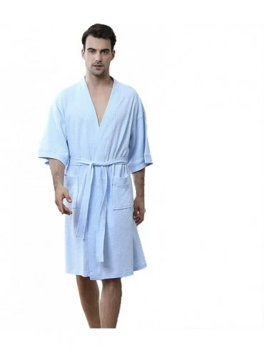Robes Mens Bathrobe/Solid Color Thin Section Kimono Knitting Robes Lightweight Belt Pajamas-Blue-M - Blue - CB193E78I6I $64.50
