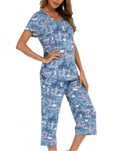 Sets Women's Cute Sleepwear Tops with Capri Pants Pajama Sets - Blue - C418QGU3DTY $42.17