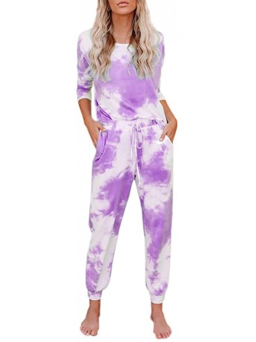Sets Womens Tie Dye Printed Long Sleeve Pajamas Set Long Tops and Pants 2 Piece Joggers Nightwear - Purple - CZ1983WNGQN $57.95