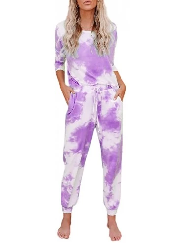 Sets Womens Tie Dye Printed Long Sleeve Pajamas Set Long Tops and Pants 2 Piece Joggers Nightwear - Purple - CZ1983WNGQN $50.97