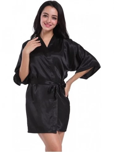 Robes Women's Kimono Robes Satin Nightdress Pure Colour Short Style with Oblique V-Neck - Black - CF18COX2N39 $27.89