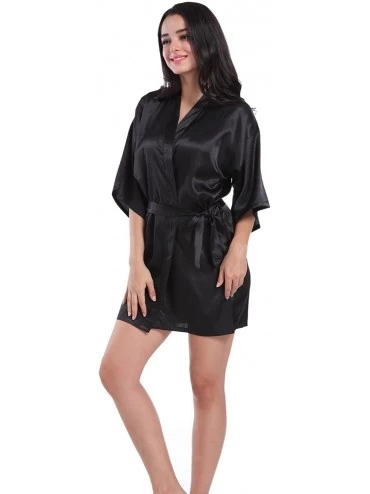 Robes Women's Kimono Robes Satin Nightdress Pure Colour Short Style with Oblique V-Neck - Black - CF18COX2N39 $15.21
