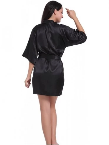 Robes Women's Kimono Robes Satin Nightdress Pure Colour Short Style with Oblique V-Neck - Black - CF18COX2N39 $15.21