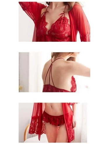 Baby Dolls & Chemises 3 Piece Lace Sheer Lingerie Set Backless Sexy Chemise Mesh Wedding Nightie Bridal Nightdress - Red - CE...