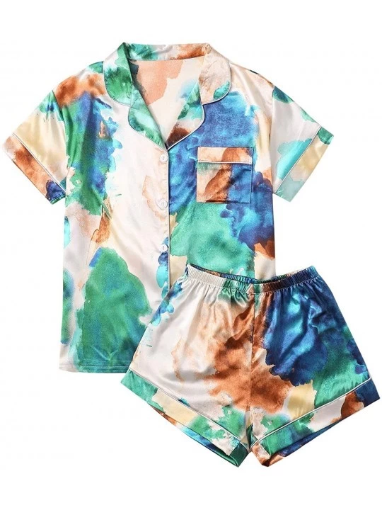 Sets Women's Tie Dye Short Sleeve Sleepwear Button Down Satin 2 Piece Pajama Set - Multicolor - CT190TWEZQG $19.62
